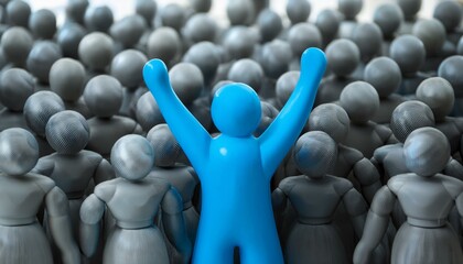 수많은 회색 인형들이 모인 장면에서 한 인물이 밝은 파란색으로 강조되어 팔을 들어 위로 뻗은 모습
