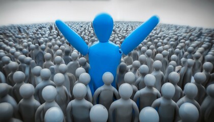 수많은 회색 인형들이 모인 장면에서 한 인물이 밝은 파란색으로 강조되어 팔을 들어 위로 뻗은 모습