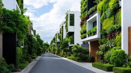 A neighborhood with streets lined by homes with vertical gardens, a symphony of green