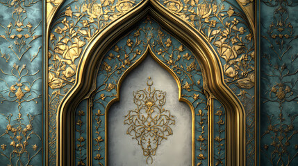 Obraz premium Ornate, gold and silver patterned wall with a decorative window. Gilded Arch. Illustration