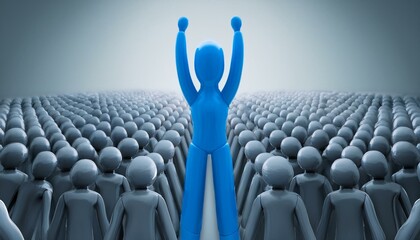 수많은 회색 인형들이 모인 장면에서 한 인물이 밝은 파란색으로 강조되어 팔을 들어 위로 뻗은 모습