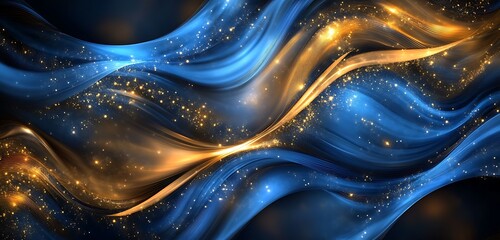 A luxurious background with a wave-like design of flowing blue and gold light, creating an elegant and dynamic visual effect