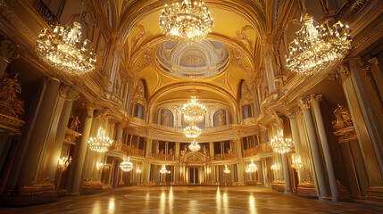 Obraz premium Ornate, golden, grand hall with chandeliers. Gilded Arch. Illustration