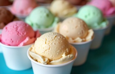 Community gathers for ice cream social fundraiser. Colorful ice cream scoops in small cups ready to enjoyed. Event supports local charity. Sweet treats bring people together. Event held outdoors on