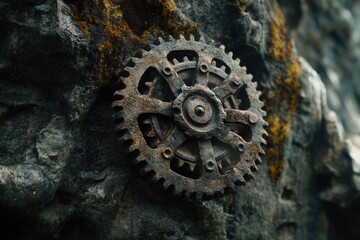 Rusty gear mechanism embedded in mossy rock, suggesting age and decay.