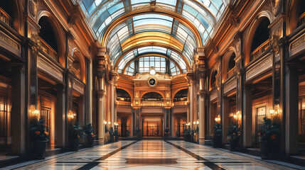 Obraz premium Ornate interior of a grand hall with glass ceiling, marble floors, and gilded detailing. Gilded Arch. Illustration