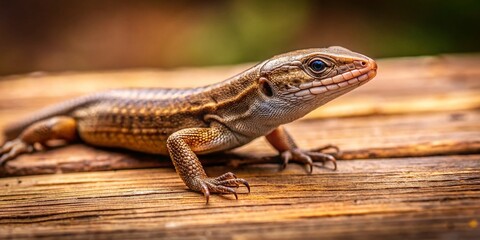 Fototapeta premium Tiny Lizard on Rustic Wooden Floor - Detailed Macro Stock Photo
