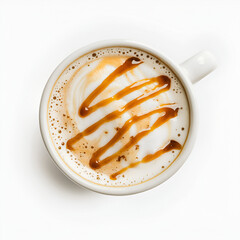 Caramel Latte Coffee Drink in a Mug, overhead view.
