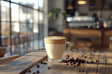 A perfectly crafted latte with delicate milk art on top, surrounded by a few coffee beans on a rustic wooden table in a trendy cafe. Soft sunlight filters through large windows.