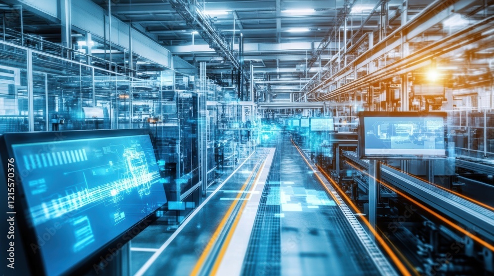 Poster inside a smart factory, a conveyor belt moves through automated machinery while computer screens dis