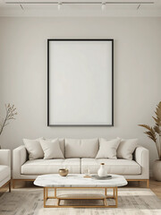 Ivory Wall with Black-Edged White Frame A minimalist living room with an ivory wall, showcasing a framed poster mockup in a pure white frame with a black border. The poster is ISO A paper size.