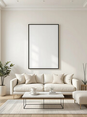 Ivory Wall with Black-Edged White Frame A minimalist living room with an ivory wall, showcasing a framed poster mockup in a pure white frame with a black border. The poster is ISO A paper size.
