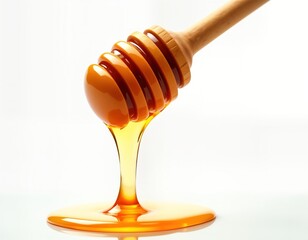 Honey drips from wooden dipper onto white surface. Sweet honey pouring. Honey thick, golden. Wooden dipper isolated on transparent background. Pure natural honey. Nourishing liquid. Natural product.