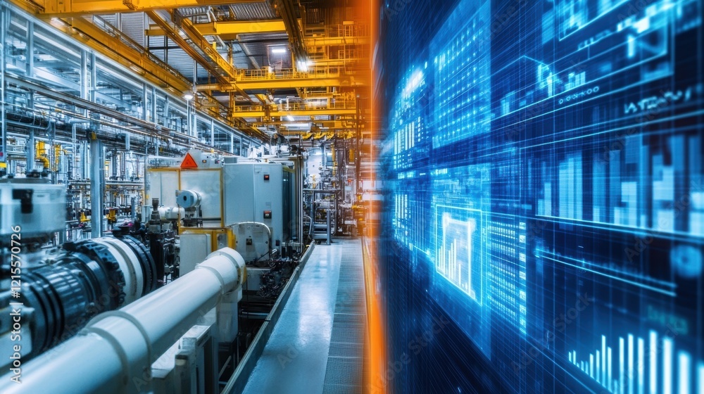 Poster futuristic monitoring system displaying production line data in a smart factory, showcasing the inte