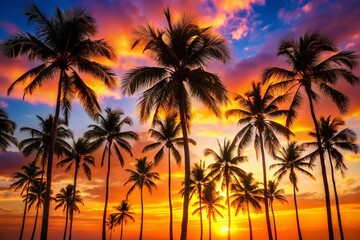 Tropical Palm Tree Silhouettes at Sunset - Copy Space for Text