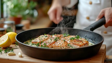 Chef cooking salmon in creamy sauce