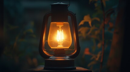 An old-fashioned lantern glows warmly amidst dusk's embracing darkness, casting flickering light and soft shadows on a tranquil evening backdrop.