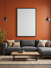 A vibrant rust orange wall serves as the backdrop for a poster mockup in a pure white frame with a sleek black border. The ISO A paper-sized poster is mounted above a dark gray sectional sofa. 