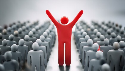 수많은 회색 인간 형상의 군중 속에서 한 사람만 빨간색으로 강조된 모습