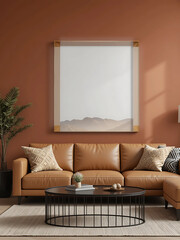 A warm, contemporary living room featuring a terracotta-colored wall and a framed poster mockup with a pure white frame and black border. 
