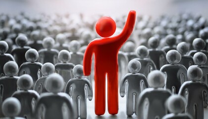 수많은 회색 인간 형상의 군중 속에서 한 사람만 빨간색으로 강조된 모습