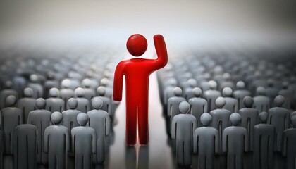 수많은 회색 인간 형상의 군중 속에서 한 사람만 빨간색으로 강조된 모습