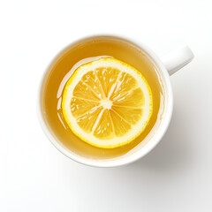 Overhead view of a mug of hot tea with a lemon slice. Refreshing and healthy drink.
