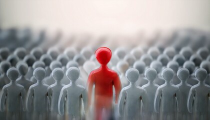 수많은 회색 인간 형상의 군중 속에서 한 사람만 빨간색으로 강조된 모습