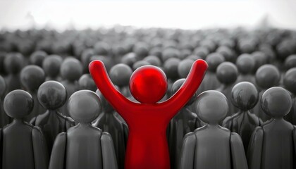 수많은 회색 인간 형상의 군중 속에서 한 사람만 빨간색으로 강조된 모습