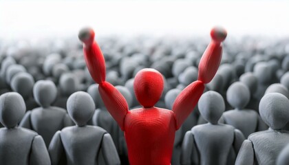 수많은 회색 인간 형상의 군중 속에서 한 사람만 빨간색으로 강조된 모습