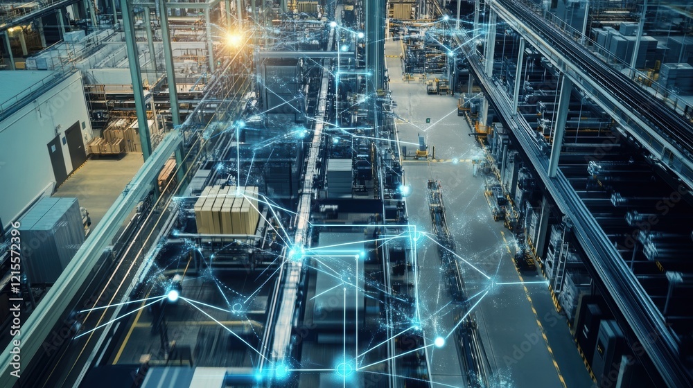 Poster futuristic network connecting manufacturing processes and logistics inside a smart factory using aut