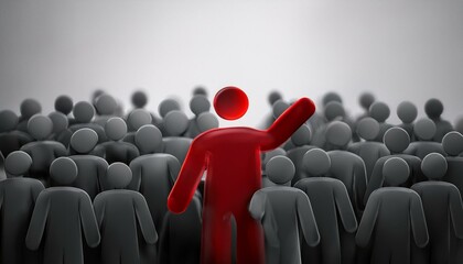 수많은 회색 인간 형상의 군중 속에서 한 사람만 빨간색으로 강조된 모습