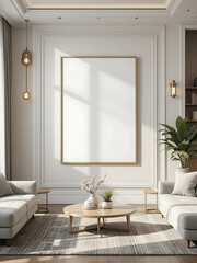This mockup presents a modern interior design in a living room set in a beautifully rendered 3D scene with a cozy, elegant atmosphere. The scene highlights a wall frame suitable for ISO A paper sizes.