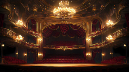 Obraz premium A classic european opera house with grand chandeliers, red velvet seats, and gilded detail. Gilded Arch. Illustration