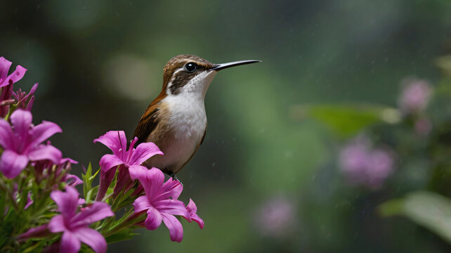 Calliphlox bryan, Hummingbird feeding on flower and hovering in flight, bird from tropical forest, Cute Calliphlox bryan on Forest Background