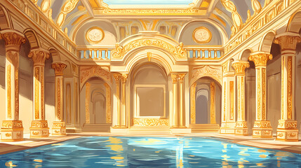 Obraz premium Ceiling of a roman bath house with intricate carvings and moldings, roman bath house, gilded accents. Gilded Arch. Illustration