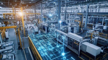 Inside a smart factory, artificial intelligence and augmented reality visualizations are managing machines and optimizing processes, creating a futuristic industrial scene