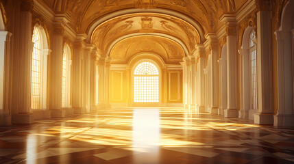 Gilded palace hall sunlit grandeur elegant interior. Gilded Arch. Illustration