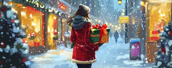 Obraz premium Female enjoying festive winter stroll with gifts in snowy city scene