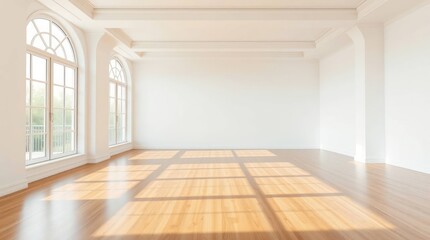 empty room with large windows, sunlight streaming in, and wooden flooring creating a spacious feel