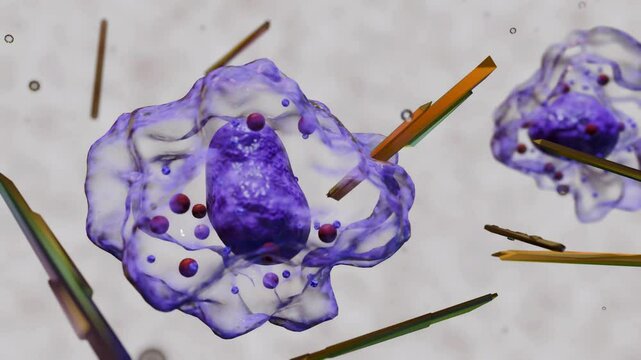 A 3d animation of white blood cells engulf the crystals. Phagocyte ingestion of monosodium urate crystals can induce proinflammatory responses and trigger acute gouty inflammation.