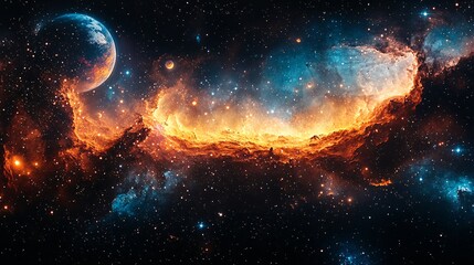 Cosmic clouds swirl in vibrant hues of orange and red framed by the deep starry cosmos