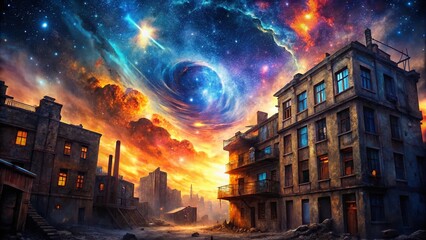 Obraz premium Urban Exploration Meets Cosmos: Grunge Cityscape Against Vibrant Nebula Wallpaper