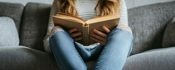 Obraz premium Young caucasian female reading a book on a comfortable couch