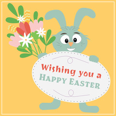 Easter Bunny Wishes Happy Easter, Card, Banner, With Bouquet Of Flowers