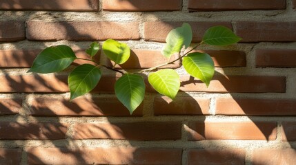 Sunlit leaves on a brick wall cast intricate shadows, highlighting the beauty of simplicity in nature.