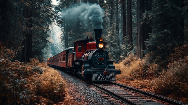 A red and black train traverses train tracks amidst a forest