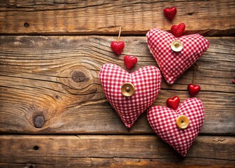 Valentine's Day Gingham Hearts & Red Pins on Rustic Wood - Stock Photo
