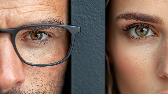 Close-up eyes, man woman, divided, wall, intense gaze, advertising