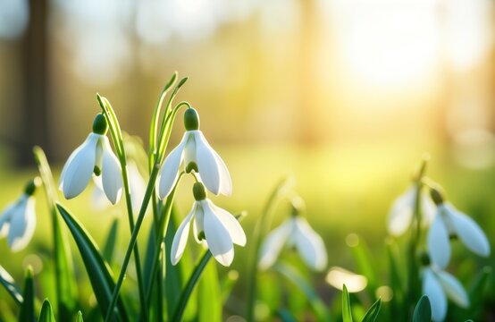 Spring flowers bloom in grassy meadow under sunlight. Delicate snowdrops with white petals, green stems in focus. Soft bokeh background shows plants, trees. Springtime scene shows early spring growth